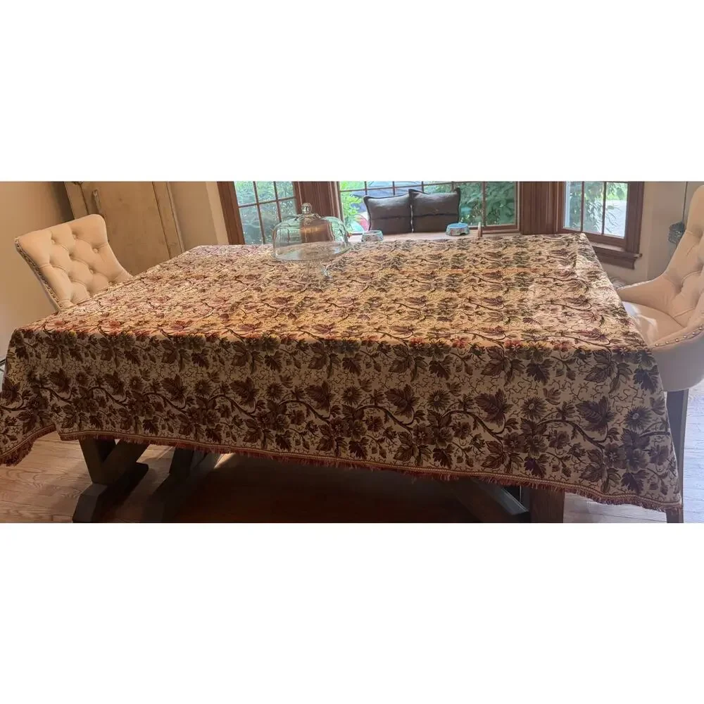 Vintage MCM Damask Fringed Tablecloth Floral Reversible Satin silk Registado AVA